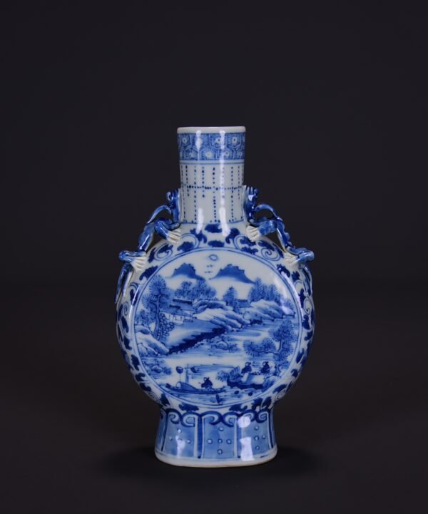 old Qing Kangxi blue and white landscape double-eared flat vase